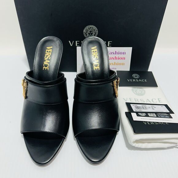 Versace Virtus Size 38 US 8 Black Leather Mule Heel Sandals NIB $900 - Picture 2 of 8